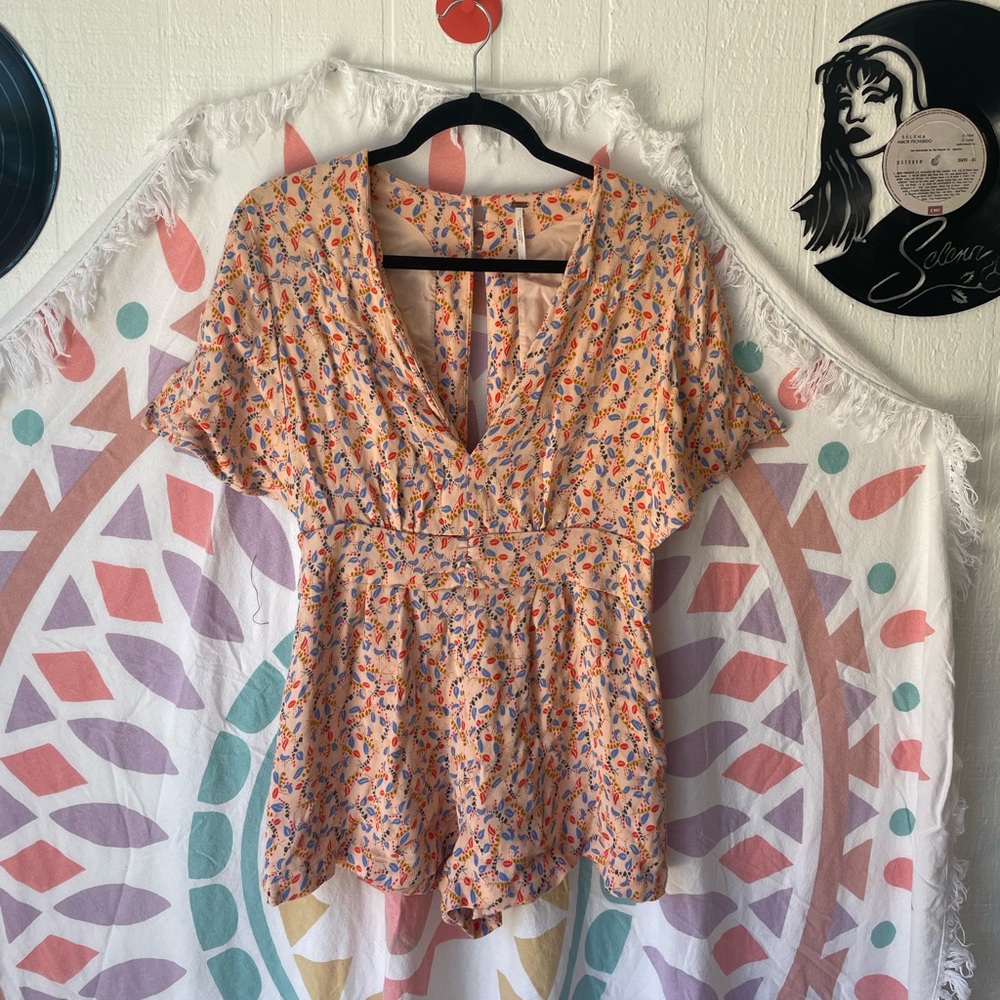 Free People, size 6, floral print, coral, blue, yellow, and white romper.